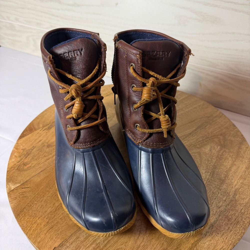 Sperry Saltwater Duck Boots Navy Brown Leather Waterproof STS91175 Womens 8